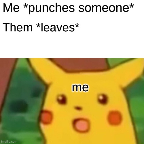 Surprised Pikachu | Me *punches someone*; Them *leaves*; me | image tagged in memes,surprised pikachu | made w/ Imgflip meme maker