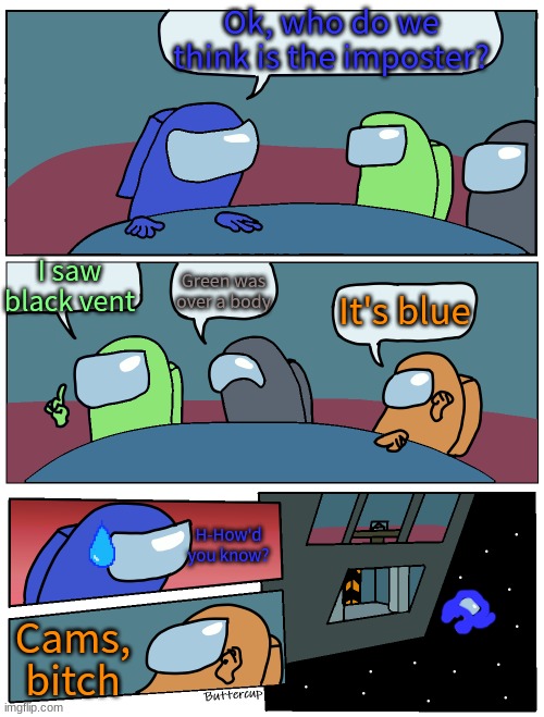 Plz don't judge the blue astro at the end, it was hard to draw over the orange one. | Ok, who do we think is the imposter? I saw black vent; Green was over a body; It's blue; H-How'd you know? Cams, bitch | image tagged in among us meeting,among us,plot twist | made w/ Imgflip meme maker