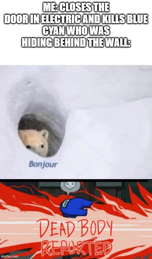 True story | ME: CLOSES THE DOOR IN ELECTRIC AND KILLS BLUE
CYAN WHO WAS HIDING BEHIND THE WALL: | image tagged in bonjour,dead body reported,among us,gaming | made w/ Imgflip meme maker