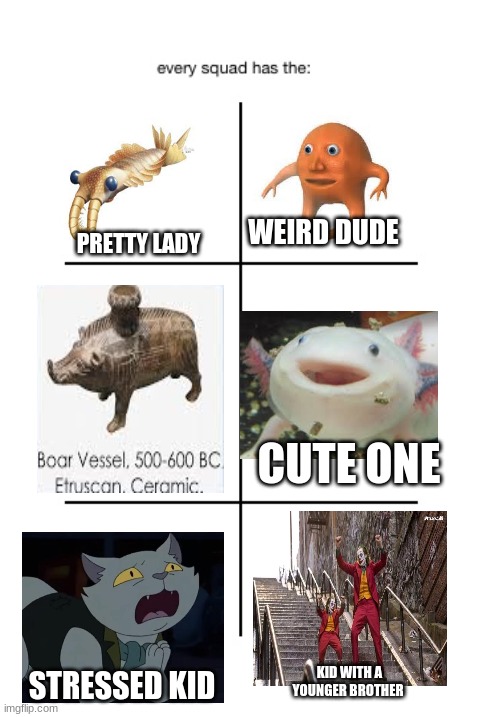 Weird meme I made it took a lot of work | WEIRD DUDE; PRETTY LADY; CUTE ONE; STRESSED KID; KID WITH A YOUNGER BROTHER | image tagged in every squad has the,orang | made w/ Imgflip meme maker