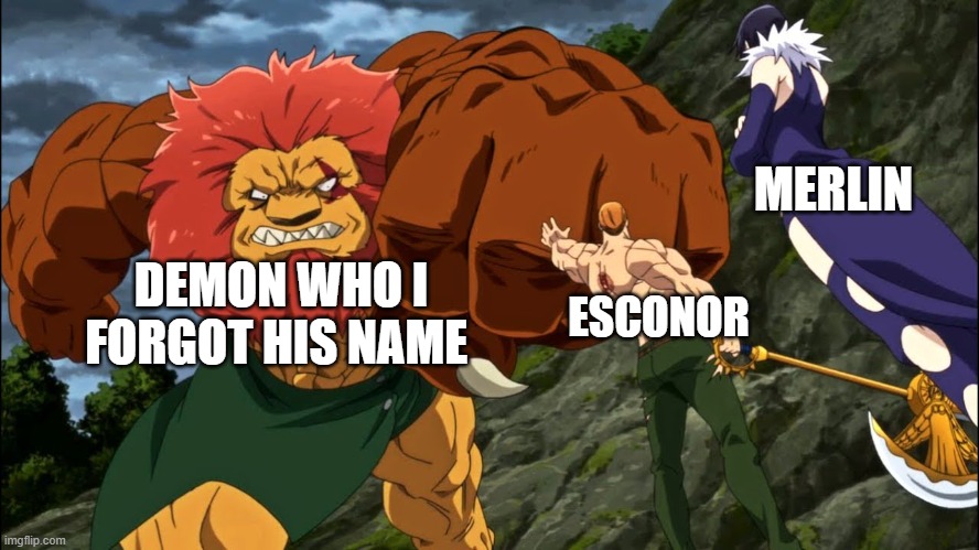 escanor holding demon's hand | MERLIN; ESCONOR; DEMON WHO I FORGOT HIS NAME | image tagged in escanor holding demon's hand | made w/ Imgflip meme maker