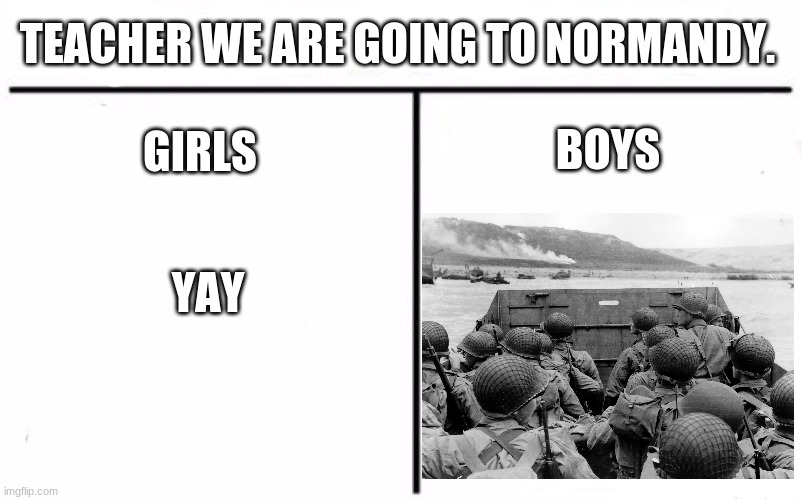Who Would Win? | TEACHER WE ARE GOING TO NORMANDY. GIRLS; BOYS; YAY | image tagged in memes,who would win | made w/ Imgflip meme maker