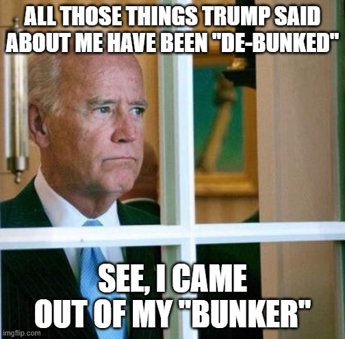 Sad Joe Biden | ALL THOSE THINGS TRUMP SAID ABOUT ME HAVE BEEN "DE-BUNKED"; SEE, I CAME OUT OF MY "BUNKER" | image tagged in sad joe biden | made w/ Imgflip meme maker