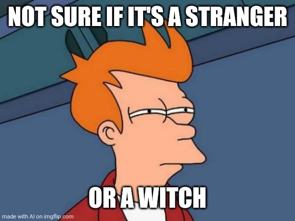 I'm not a witch I'm your wife | NOT SURE IF IT'S A STRANGER; OR A WITCH | image tagged in memes,futurama fry | made w/ Imgflip meme maker