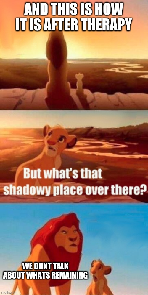 Simba Shadowy Place | AND THIS IS HOW IT IS AFTER THERAPY; WE DONT TALK ABOUT WHATS REMAINING | image tagged in memes,simba shadowy place | made w/ Imgflip meme maker