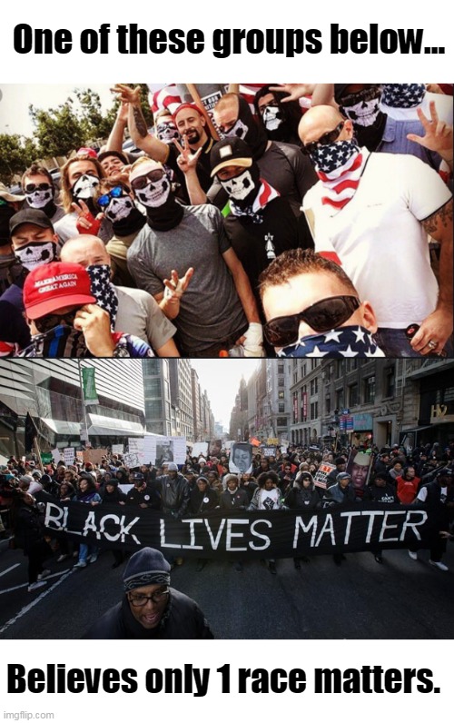 Just the Facts Please. | One of these groups below... Believes only 1 race matters. | image tagged in blm,proud boys,racists,black supremacists,democrat lies | made w/ Imgflip meme maker