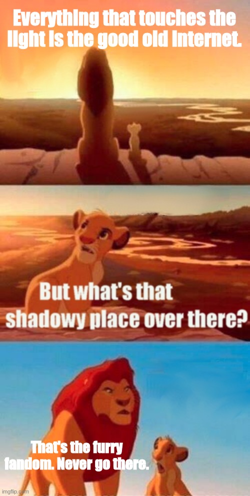 Simba Shadowy Place | Everything that touches the light is the good old internet. That's the furry fandom. Never go there. | image tagged in memes,simba shadowy place,the furry fandom | made w/ Imgflip meme maker