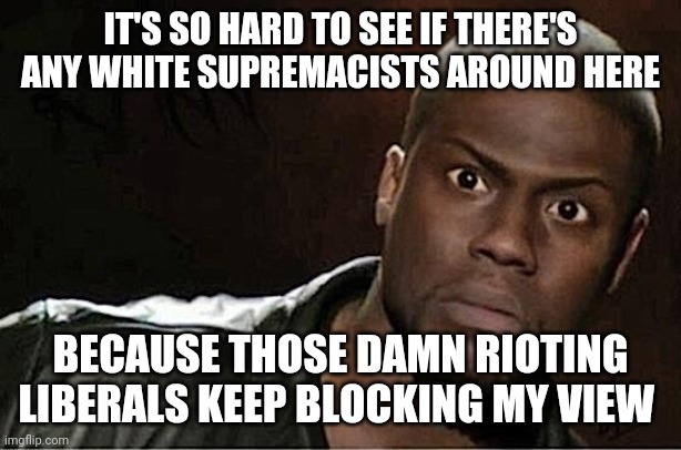 Kevin Hart | IT'S SO HARD TO SEE IF THERE'S ANY WHITE SUPREMACISTS AROUND HERE; BECAUSE THOSE DAMN RIOTING LIBERALS KEEP BLOCKING MY VIEW | image tagged in memes,kevin hart | made w/ Imgflip meme maker