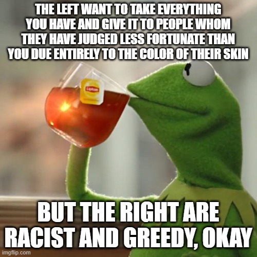 But That's None Of My Business Meme | THE LEFT WANT TO TAKE EVERYTHING YOU HAVE AND GIVE IT TO PEOPLE WHOM THEY HAVE JUDGED LESS FORTUNATE THAN YOU DUE ENTIRELY TO THE COLOR OF T | image tagged in memes,but that's none of my business,kermit the frog | made w/ Imgflip meme maker
