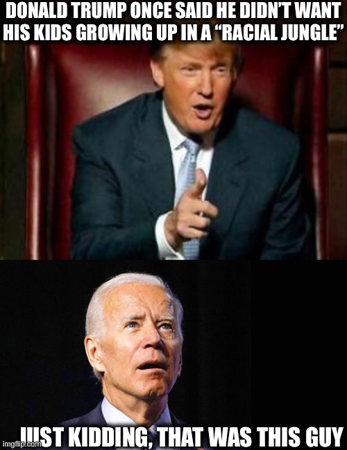 White supremacy never left the Democratic Party, they just found new ways to contain their slaves | DONALD TRUMP ONCE SAID HE DIDN’T WANT HIS KIDS GROWING UP IN A “RACIAL JUNGLE”; ...JUST KIDDING, THAT WAS THIS GUY | image tagged in donald trump,joe biden,memes,white supremacy,democratic party,democrats | made w/ Imgflip meme maker