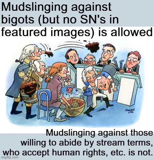 Stream viewpoint on mudslinging. tl;dr: Vast majority of memers are protected, but not all! | Mudslinging against bigots (but no SN's in featured images) is allowed; Mudslinging against those willing to abide by stream terms, who accept human rights, etc. is not. | image tagged in mudslinging,terms and conditions,imgflippers,respect,disrespect,meanwhile on imgflip | made w/ Imgflip meme maker