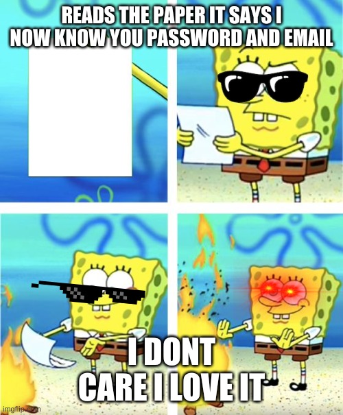 spongebob meme | READS THE PAPER IT SAYS I NOW KNOW YOU PASSWORD AND EMAIL; I DONT CARE I LOVE IT | image tagged in spongebob burning paper | made w/ Imgflip meme maker