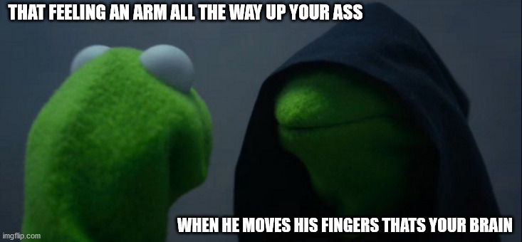 Evil Kermit | THAT FEELING AN ARM ALL THE WAY UP YOUR ASS; WHEN HE MOVES HIS FINGERS THATS YOUR BRAIN | image tagged in memes,evil kermit | made w/ Imgflip meme maker