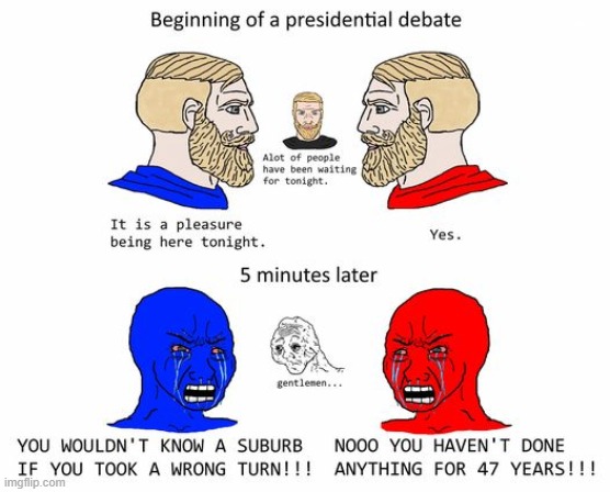 if nothing else this debate made chad vs. wojak history (repost) | image tagged in wojak 2020 presidential debate,repost,presidential debate,debates,debate,election 2020 | made w/ Imgflip meme maker