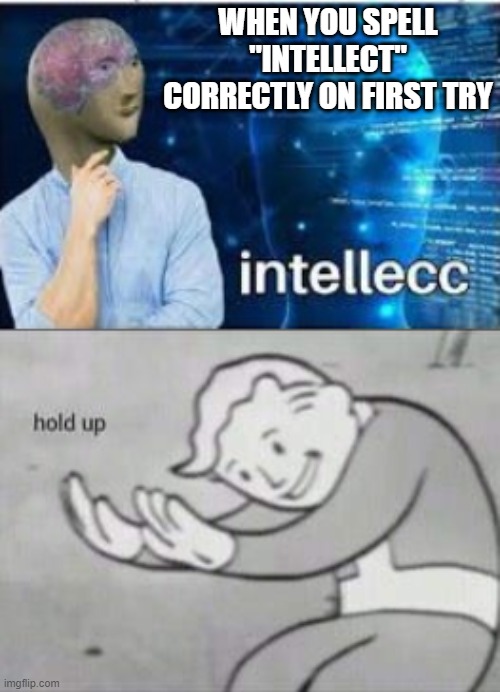 WHEN YOU SPELL "INTELLECT" CORRECTLY ON FIRST TRY | image tagged in fallout hold up,intellecc | made w/ Imgflip meme maker