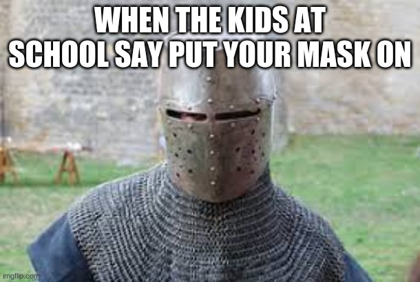 crusader helmet |  WHEN THE KIDS AT SCHOOL SAY PUT YOUR MASK ON | image tagged in crusader | made w/ Imgflip meme maker