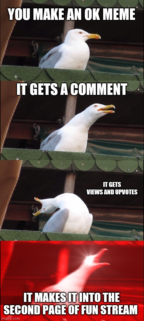 Inhaling Seagull | YOU MAKE AN OK MEME; IT GETS A COMMENT; IT GETS VIEWS AND UPVOTES; IT MAKES IT INTO THE SECOND PAGE OF FUN STREAM | image tagged in memes,inhaling seagull | made w/ Imgflip meme maker