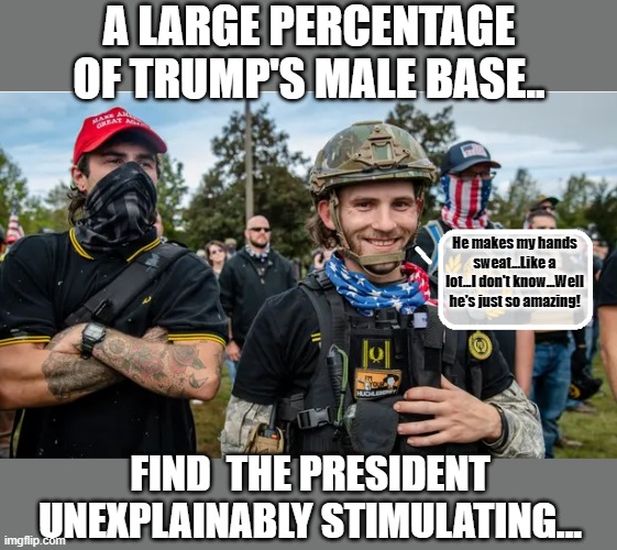Proud Boys in Love... | A LARGE PERCENTAGE OF TRUMP'S MALE BASE.. He makes my hands sweat...Like a lot...I don't know...Well he's just so amazing! FIND  THE PRESIDENT UNEXPLAINABLY STIMULATING... | image tagged in racism,trump is a moron,donald trump is an idiot,election 2020 | made w/ Imgflip meme maker