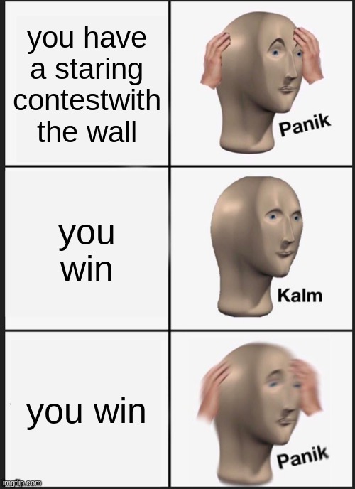 Panik Kalm Panik | you have a staring contestwith the wall; you win; you win | image tagged in memes,panik kalm panik | made w/ Imgflip meme maker