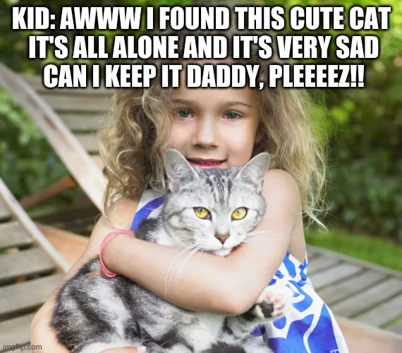 Every young kid who sees a stray cat | KID: AWWW I FOUND THIS CUTE CAT
 IT'S ALL ALONE AND IT'S VERY SAD
 CAN I KEEP IT DADDY, PLEEEEZ!! | image tagged in kids these days,cats,begging,funny | made w/ Imgflip meme maker