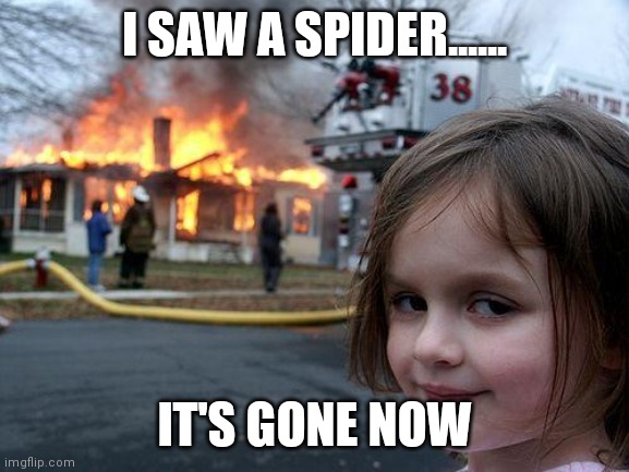 Disaster Girl Meme | I SAW A SPIDER...... IT'S GONE NOW | image tagged in memes,disaster girl | made w/ Imgflip meme maker