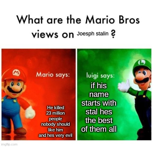 oh boy Luigi is reading the communist manifesto | Joesph stalin; He killed 23 million people nobody should like him and hes very evil; if his name starts with stal hes the best of them all | image tagged in mario vs luigi | made w/ Imgflip meme maker