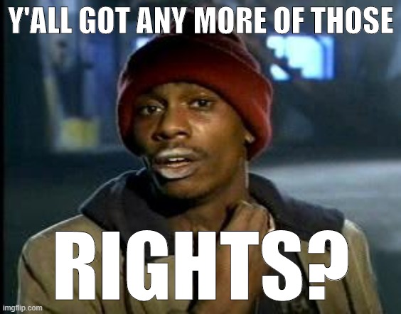 When you propose a Bill of Rights. | Y'ALL GOT ANY MORE OF THOSE; RIGHTS? | image tagged in yall got any more of,rights,civil rights,equal rights,government,bill of rights | made w/ Imgflip meme maker