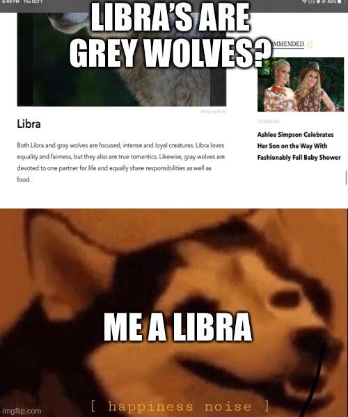 idk why i posted this here | LIBRA’S ARE GREY WOLVES? ME A LIBRA | image tagged in happiness noise | made w/ Imgflip meme maker