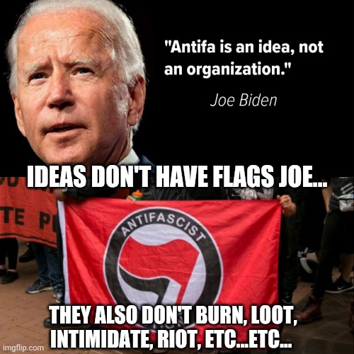 Antifa Scum | IDEAS DON'T HAVE FLAGS JOE... THEY ALSO DON'T BURN, LOOT, INTIMIDATE, RIOT, ETC...ETC... | image tagged in maga,antifa,blm,trump,biden | made w/ Imgflip meme maker
