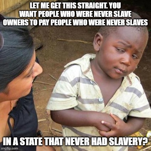 Third World Skeptical Kid Meme | LET ME GET THIS STRAIGHT. YOU WANT PEOPLE WHO WERE NEVER SLAVE OWNERS TO PAY PEOPLE WHO WERE NEVER SLAVES IN A STATE THAT NEVER HAD SLAVERY? | image tagged in memes,third world skeptical kid | made w/ Imgflip meme maker