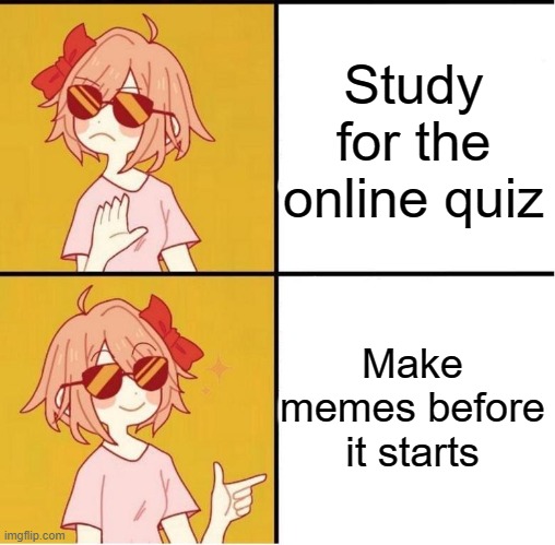"Be happy of what you do..." |  Study for the online quiz; Make memes before it starts | image tagged in sayori drake,studying,study,quiz | made w/ Imgflip meme maker