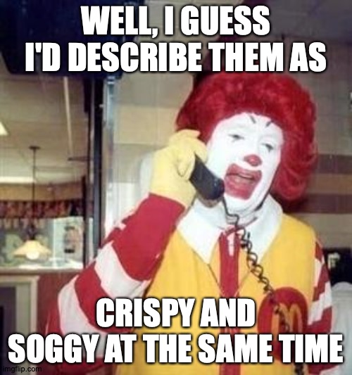 Roon McDoon | WELL, I GUESS I'D DESCRIBE THEM AS; CRISPY AND SOGGY AT THE SAME TIME | image tagged in ronald mcdonald temp,memes,french fries,i don't care | made w/ Imgflip meme maker