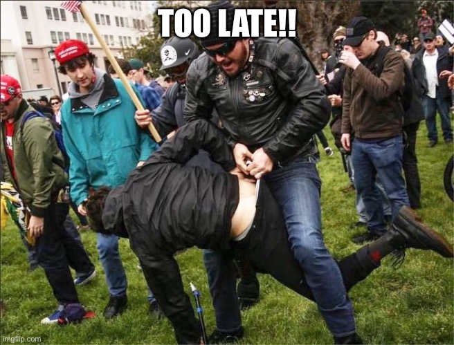 antifa getting a wedgie | TOO LATE!! | image tagged in antifa getting a wedgie | made w/ Imgflip meme maker