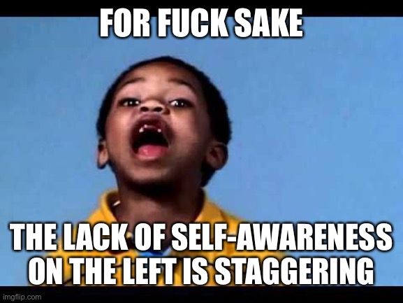 That's racist 2 | FOR FUCK SAKE THE LACK OF SELF-AWARENESS ON THE LEFT IS STAGGERING | image tagged in that's racist 2 | made w/ Imgflip meme maker