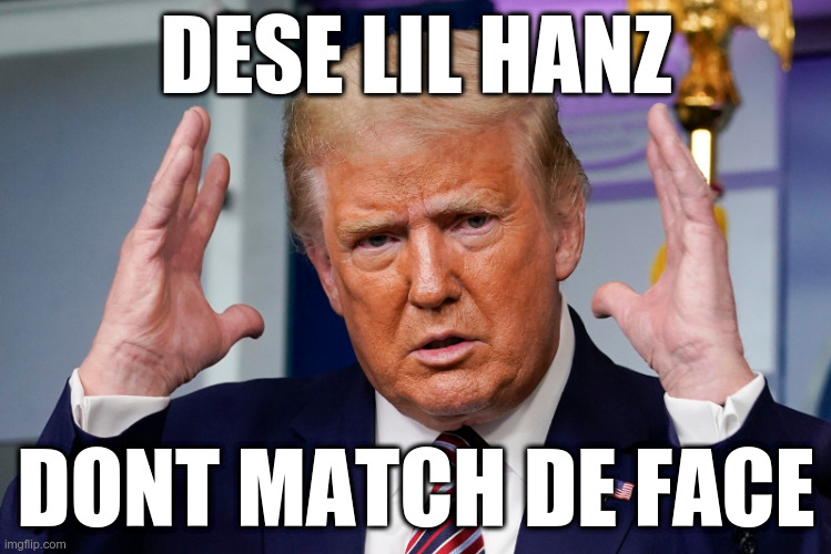 Dese Lil Hanz Dont Match De Face | DESE LIL HANZ; DONT MATCH DE FACE | image tagged in trump,orange trump,lil hands | made w/ Imgflip meme maker