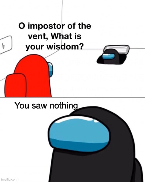 O impostor of the vent, what is your wisdom? | You saw nothing | image tagged in o impostor of the vent what is your wisdom,funny memes | made w/ Imgflip meme maker