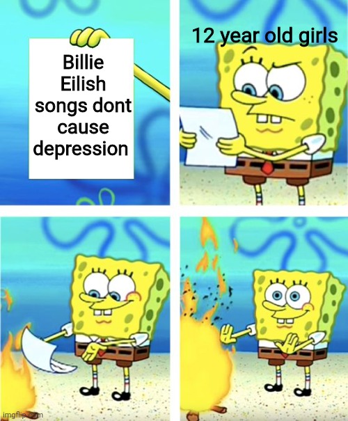 Someone Had To Say It | 12 year old girls; Billie Eilish songs dont cause depression | image tagged in spongebob burning paper | made w/ Imgflip meme maker