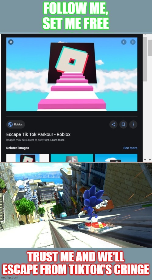 SA2 Stage 1: Tiktok Escape | FOLLOW ME,
SET ME FREE; TRUST ME AND WE'LL ESCAPE FROM TIKTOK'S CRINGE | image tagged in escape,tik tok,memes,sonic the hedgehog,sonic adventure 2,roblox | made w/ Imgflip meme maker