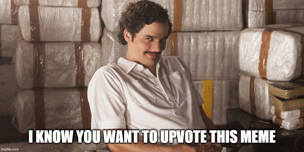 Pablo escobar's not sad anymore :) | I KNOW YOU WANT TO UPVOTE THIS MEME | image tagged in pablo escobar | made w/ Imgflip meme maker
