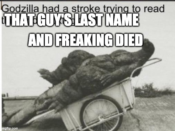 Godzilla had a stroke trying to read this and fricking died | THAT GUY'S LAST NAME AND FREAKING DIED | image tagged in godzilla had a stroke trying to read this and fricking died | made w/ Imgflip meme maker