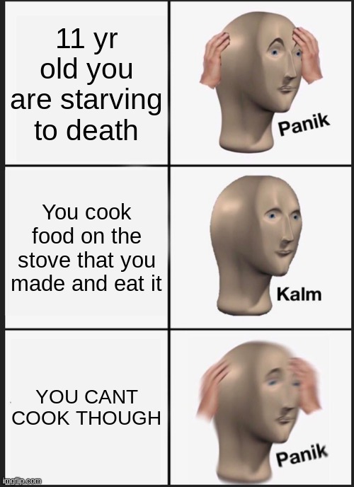 This is frikin crap | 11 yr old you are starving to death; You cook food on the stove that you made and eat it; YOU CANT COOK THOUGH | image tagged in memes,panik kalm panik,food,home,kids | made w/ Imgflip meme maker