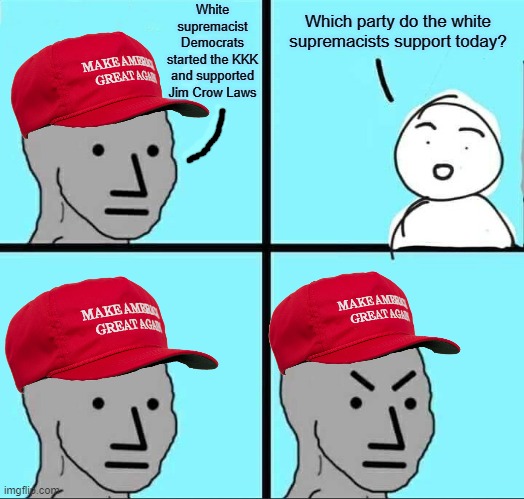 White supremacists | Which party do the white supremacists support today? White supremacist Democrats started the KKK and supported Jim Crow Laws | image tagged in npc meme,white supremacists,white supremacy,democrats,kkk,conservatives | made w/ Imgflip meme maker
