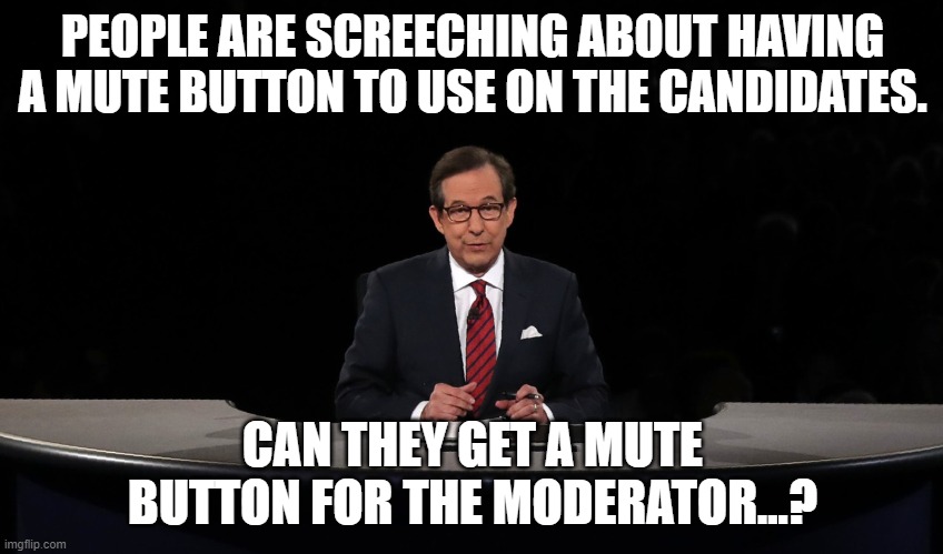 What's Fair Is Fair, Right...? | PEOPLE ARE SCREECHING ABOUT HAVING A MUTE BUTTON TO USE ON THE CANDIDATES. CAN THEY GET A MUTE BUTTON FOR THE MODERATOR...? | image tagged in chris wallace,mute button | made w/ Imgflip meme maker
