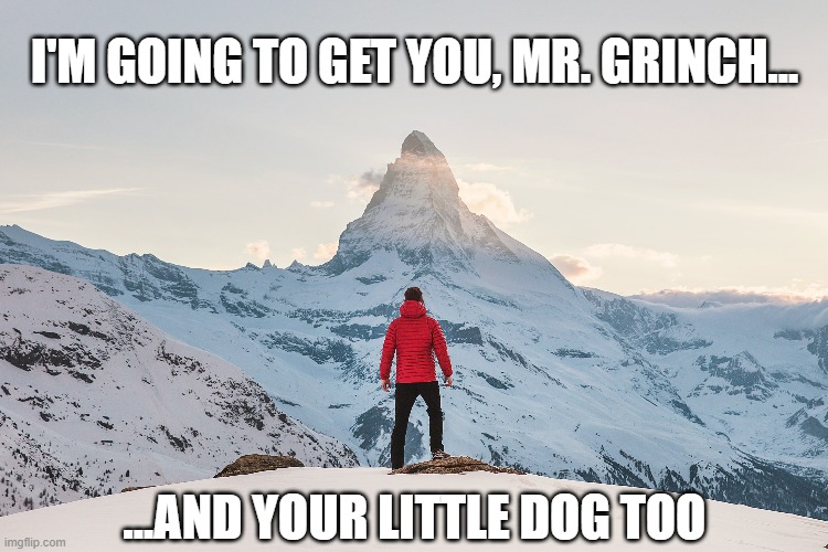 Whatville Resident.....They didn't sing around the tree next morning....They got pissed. | I'M GOING TO GET YOU, MR. GRINCH... ...AND YOUR LITTLE DOG TOO | image tagged in memes,funny memes,grinch,how the grinch stole christmas week,christmas memes,christmas | made w/ Imgflip meme maker