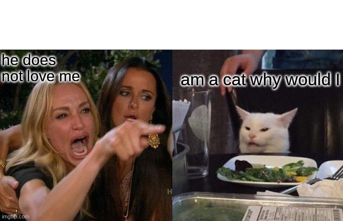 Woman Yelling At Cat | he does not love me; am a cat why would I | image tagged in memes,woman yelling at cat | made w/ Imgflip meme maker