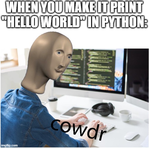 Coding be like | WHEN YOU MAKE IT PRINT "HELLO WORLD" IN PYTHON: | image tagged in coding | made w/ Imgflip meme maker