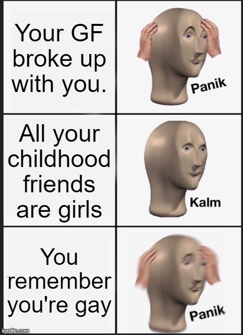 Panik Kalm Panik Meme | Your GF broke up with you. All your childhood friends are girls; You remember you're gay | image tagged in memes,panik kalm panik | made w/ Imgflip meme maker