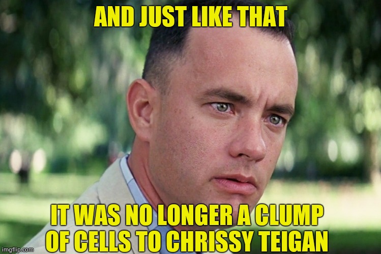 And just like that. | AND JUST LIKE THAT; IT WAS NO LONGER A CLUMP OF CELLS TO CHRISSY TEIGAN | image tagged in memes,and just like that,chrissy teigan | made w/ Imgflip meme maker