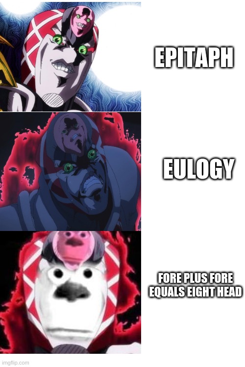 The King Eulogy | EPITAPH; EULOGY; FORE PLUS FORE EQUALS EIGHT HEAD | image tagged in jojo's bizarre adventure | made w/ Imgflip meme maker