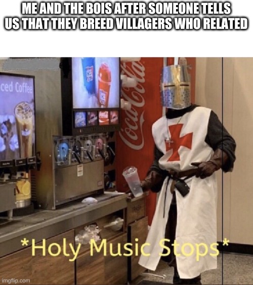 Holy music stops | ME AND THE BOIS AFTER SOMEONE TELLS US THAT THEY BREED VILLAGERS WHO RELATED | image tagged in holy music stops | made w/ Imgflip meme maker